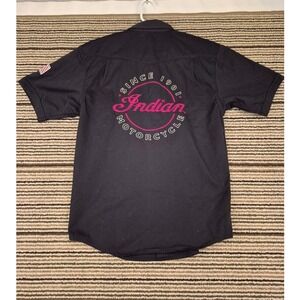 Indian Motorcycle Mens Black Short Sleeve Button Down Work Shirt Red Logo Small